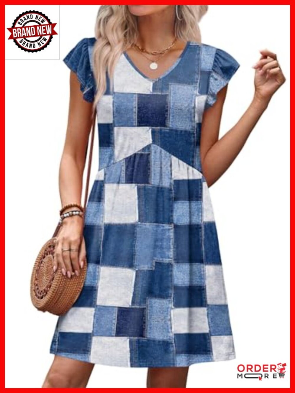 V Neck Ruffle Sleeve Babydoll Dress Elegant Classy Sundress Loose Fit Mini Dress - Picture 2 of 6
